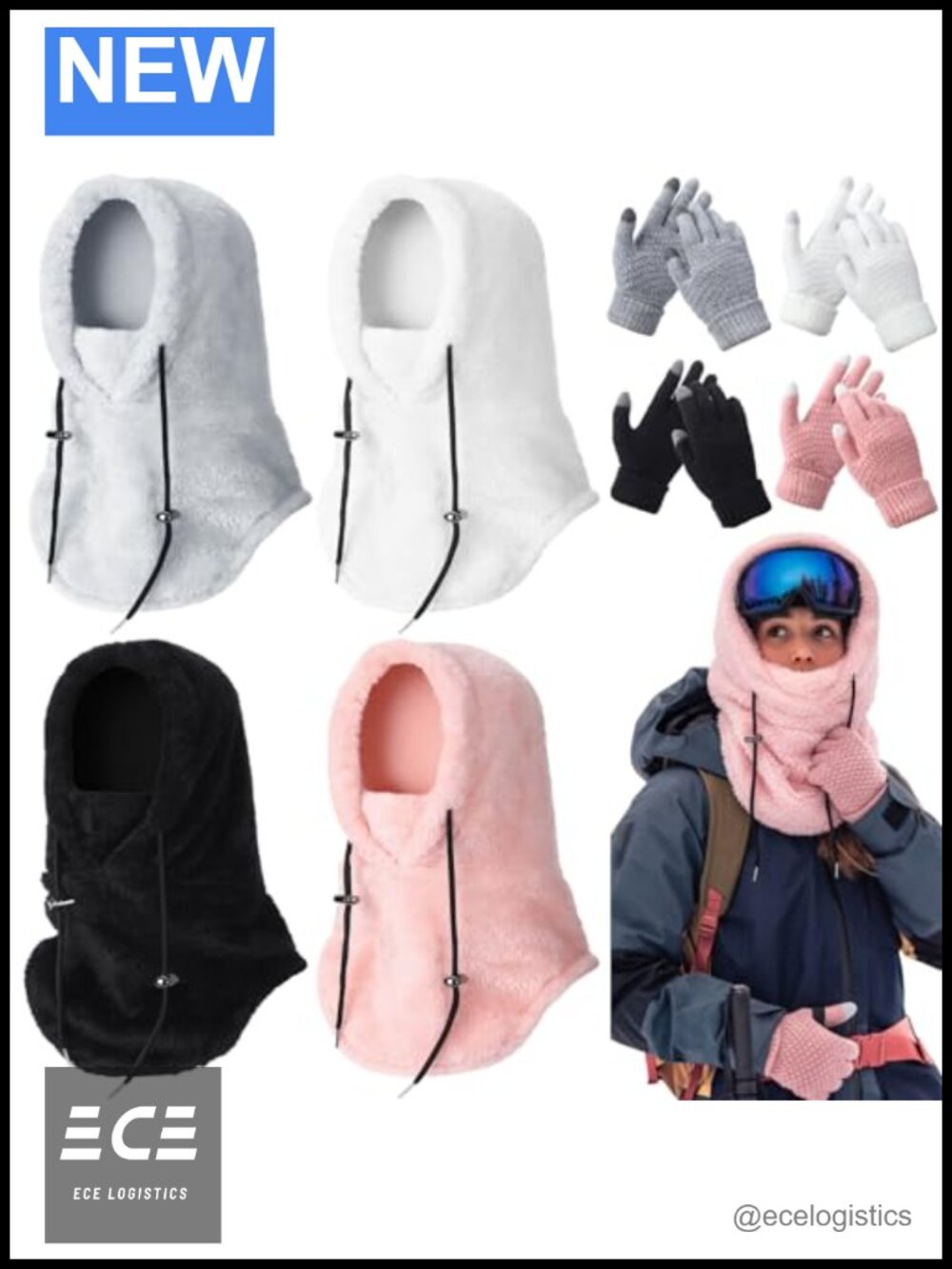 4pc Balaclava Face Mask & Touchscreen Knit Gloves Set Fleece Winter